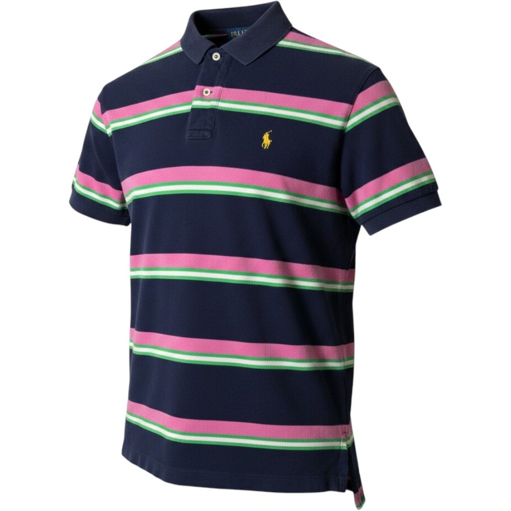 Polo Ralph Lauren Polo Sz M Navy Pink Striped Short Sleeve Pique Shirt Classic